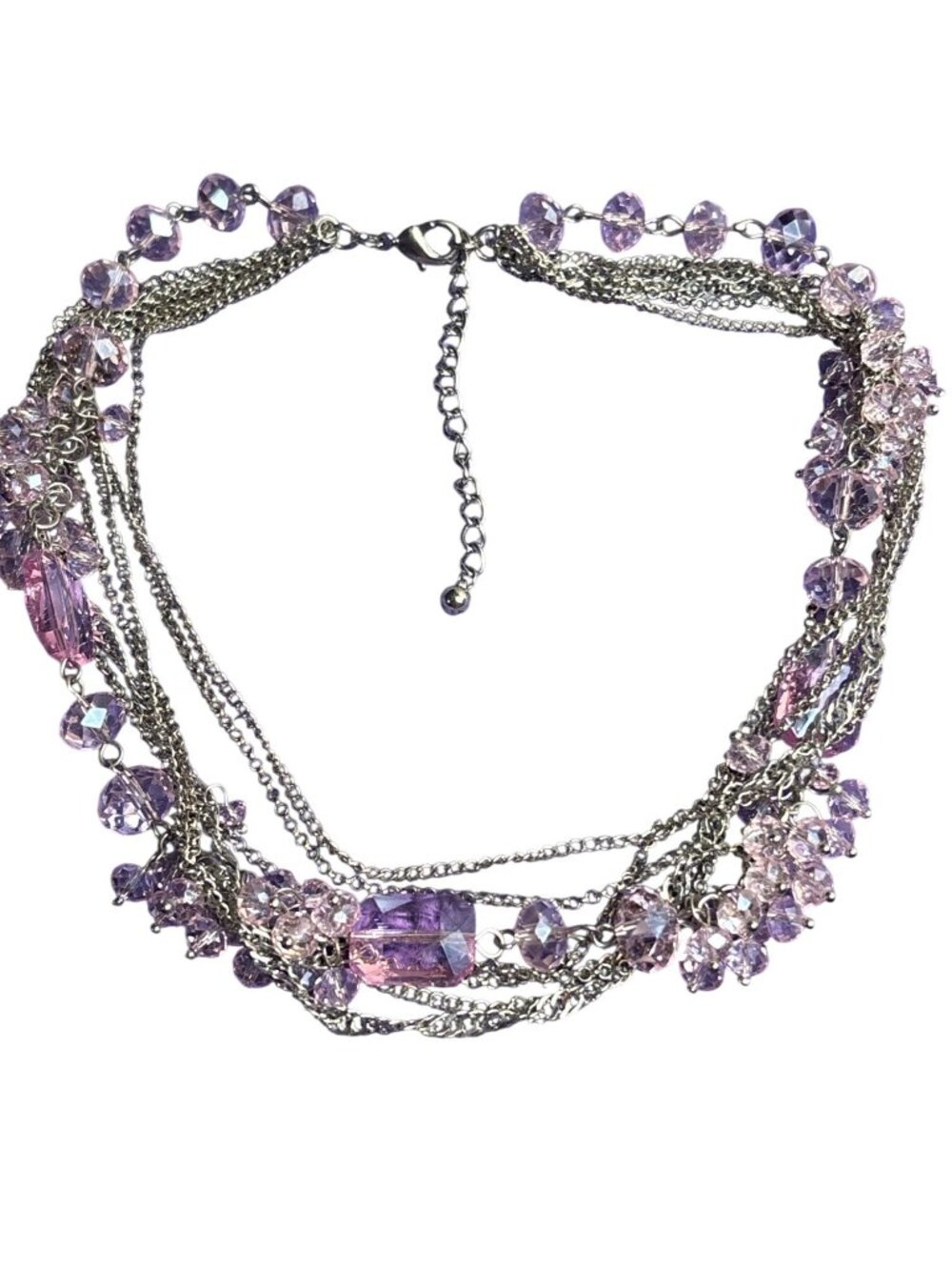 Pink Faceted Glass Bead Cluster Silvertone Chain Multi Strand Necklace